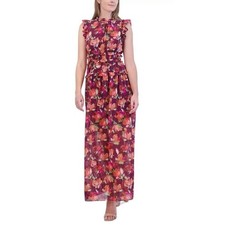 Vince Camuto Ruffled Floral Chiffon Maxi Dress Wine Multi Size 8, NWT 168$
