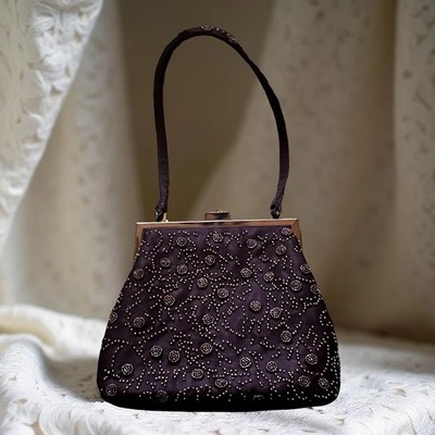 Franchi Vintage Evening Bag Brown Beaded Bag Lined Metal Frame Satin Shimmer