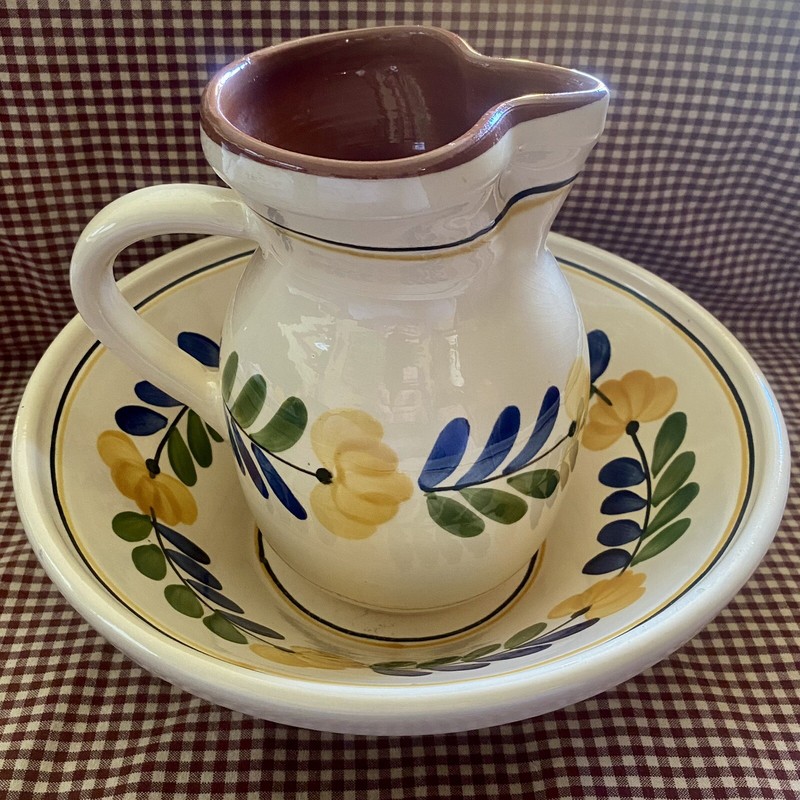 Hand Painted Vintage Hungarian Pottery Pitcher/Bowl MHV Pitcher 8”H Bowl 11”Dia