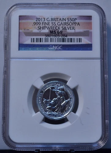 2013 50 PENCE G.BRITAIN SS GAIRSOPPA SHIPWRECK NGC MS69 1/4 OZ .999 SILVER COIN
