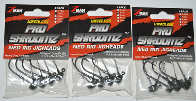 3 packs z-man pro shroomz ned rig jigheads 1/6oz green pumpkin weedless trd