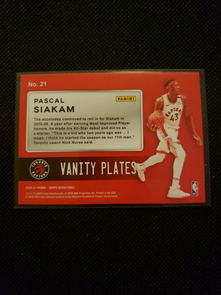 2020-21 Panini NBA HOOPS PASCAL SIAKAM VANITY PLATES INSERT RAPTORS #21 - Image 2 of 2