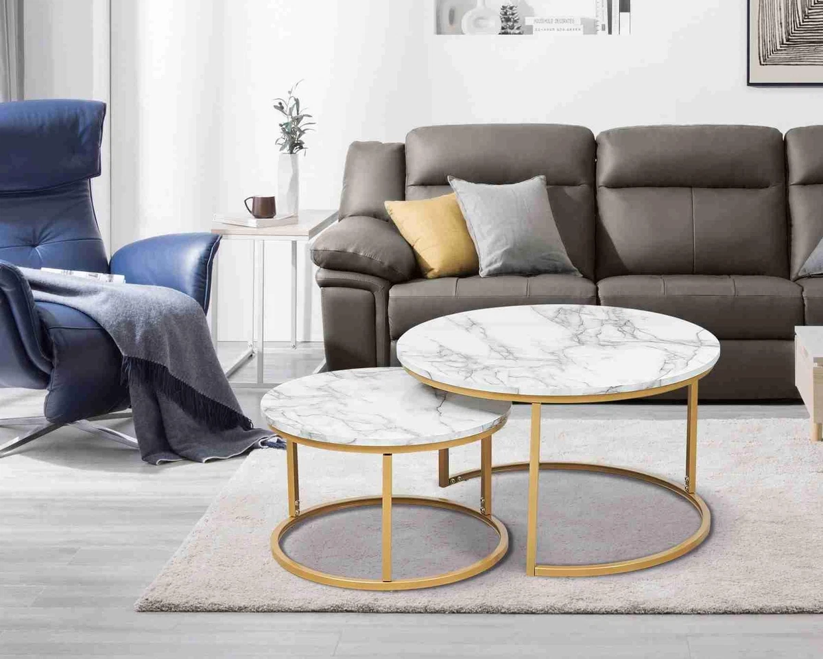 Double Nested Coffee Table Set Marble Effect Nesting Sofa Side Table Living Room