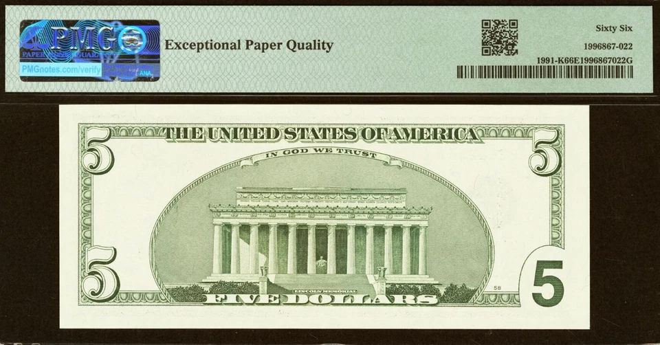 2003A $5 Federal Reserve Note PMG 66EPQ - Fancy Repeater Serial Number 22262226 - Image 3 of 3