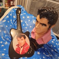 Evis Presley vintage chalkware ceramic bust and decopage guitar clock