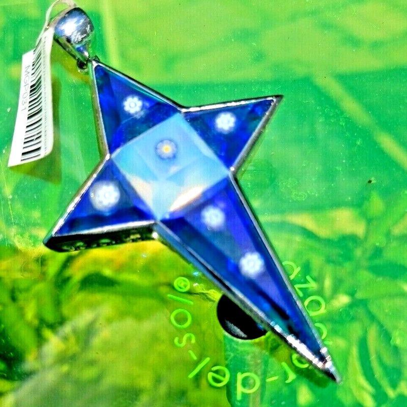 STERLING SILVER CROSS PENDANT MURANO GLASS ALAN K 2 3/4" L ROYAL BLUE DAISY RARE