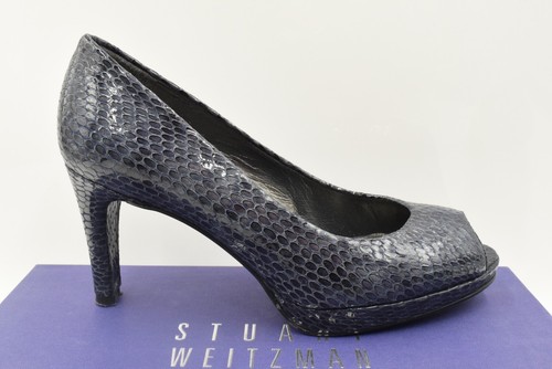 Stuart Weitzman Russell & Bromley UK 7.5 Snake Print Peep Toe Heels Navy Blue - Picture 3 of 13