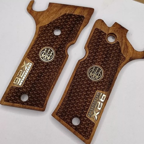 Beretta 92X Performance Turkish Walnut Wood Gun Grips NEW SET Nice Metal Logo - Picture 12 of 18