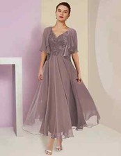 Elegant Short V-Neck Lace Mother of the Bride Dresses A-Line Chiffon Pleated HOT