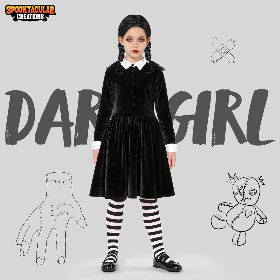 Disfraz de vestido de terciopelo negro para niñas para Halloween, disfraces, niños pequeños 8-10 años Foto 2 de 4