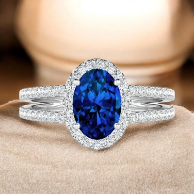5.00Ct Oval Cut Natural Blue Sapphire  & Diamond 14K White Gold Engagement Ring