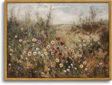 Vintage Wildflowers Landscape Wall Art Framed Floral Natural Scenery Oil Pain...