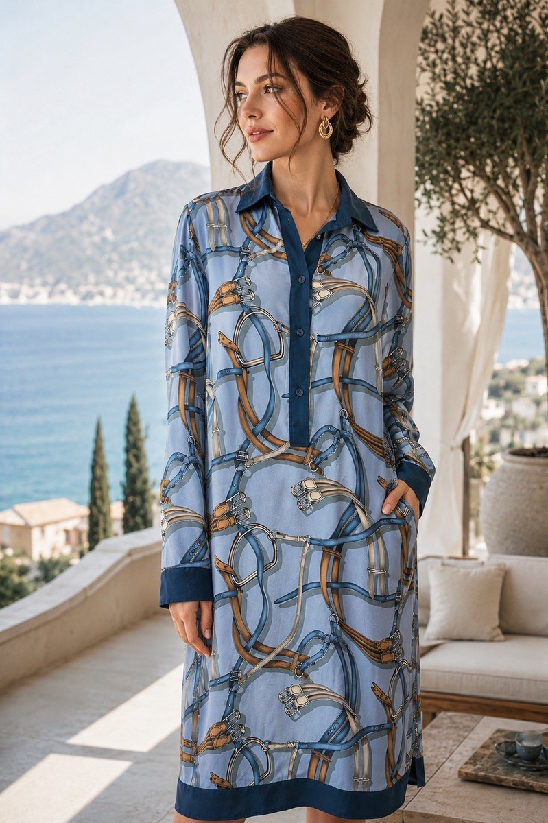 Gucci Equestrian 100% Silk Shirt Dress IT 44 Horsebit Bridle Print