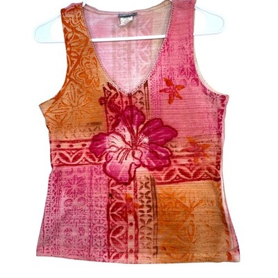 Rave Tank Top Women Large Pink Orange Floral Patchwork V-Neck Y2K 90s Surf