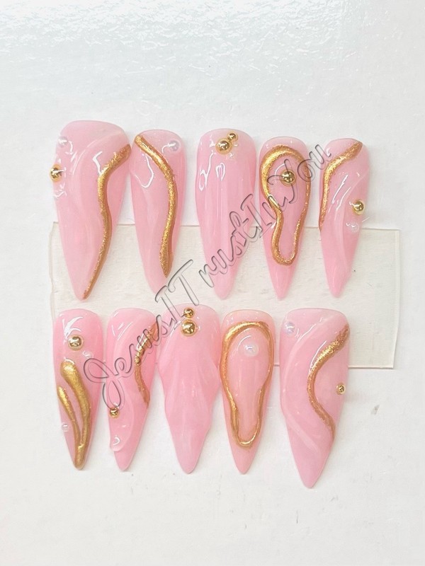PINK GOLD - LONG  STILETTO- HARD GEL PRESS ON NAILS 💅