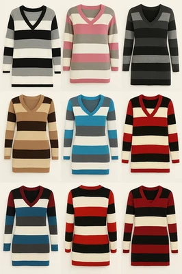 WOMEN LONG SLEEVE STRIPE JUMPER SWEATER PULLOVER TOP V NECK DRESS IN PLUS SIZE