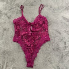 Gold Label Victoria's Secret Lace Teddy Bodysuit MEDIUM 90s Y2K Fuschia Pink
