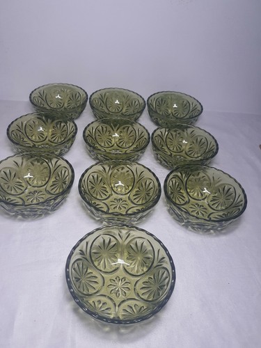 10 Pc. MCM Anchor Hocking Green Cameo Medallion Dessert / Dip Bowls 4 1/2" - Picture 2 of 11