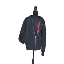 Men's L Urban Classics Bomber Style Jacket Black Full Zip W Red Lining