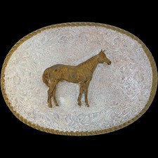 New Silver P Horseback Horse Rider Riding Rodeo Cowboy Western Vtg Belt Buckle