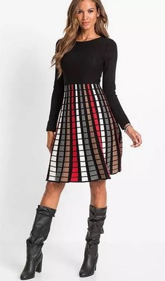 FREEMANS Knitted Skater Dress in Black Check UK 10/12 (fm248-12)