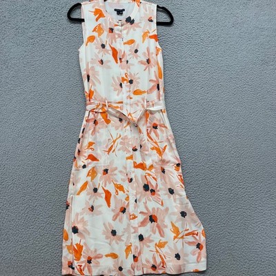 Theory Silk Dress Womens 00 Orange Floral Belted Midi Sleeveless Classy Elegant