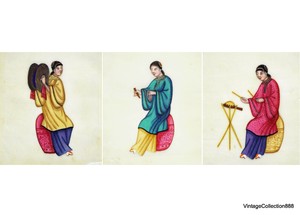 3 Chinese paintings 19th century of musicians on rice paper, "Tin-Sin" pith pape