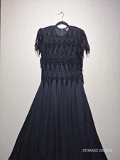 Night Way Collection Women's Long Black Dress Lace Layer Fringe Formal Size 10