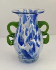 Small Murrhina Spatter Studio Art Glass Vase w/ Handles Blue/ Clear/Green SALE!