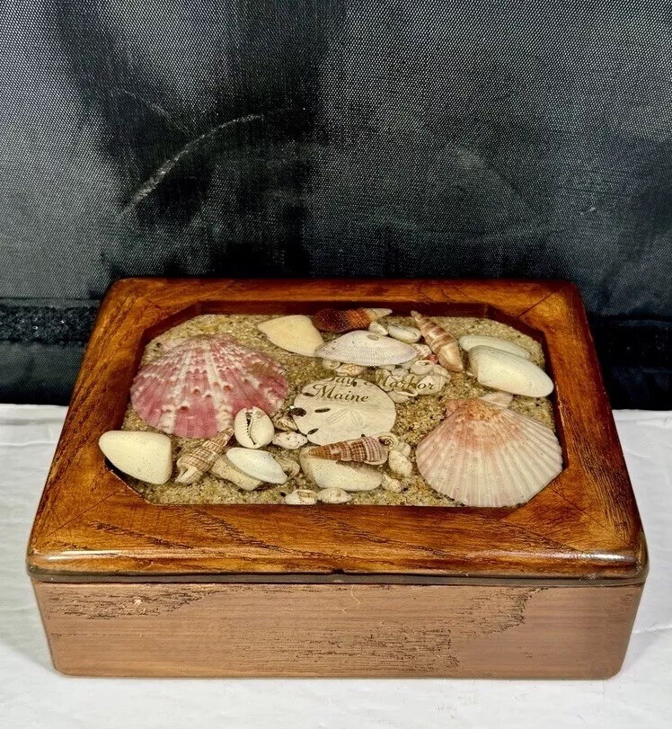 Caja de baratijas de joyería vintage madera resina arena conchas marinas - cabina Bay Harbor Maine