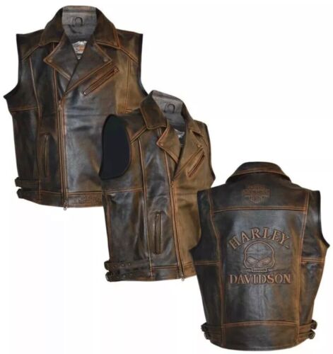 Chaleco de cuero genuino Harley Davidson para hombre motocicleta nudillo envejecido motociclista - Imagen 3 de 8