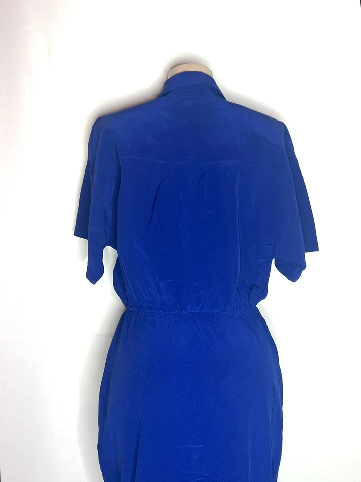 复古 MAGGY LONDON BRIGHT 蓝色纽扣丝绸连衣裙 14 码 — 第 3/3 张图片