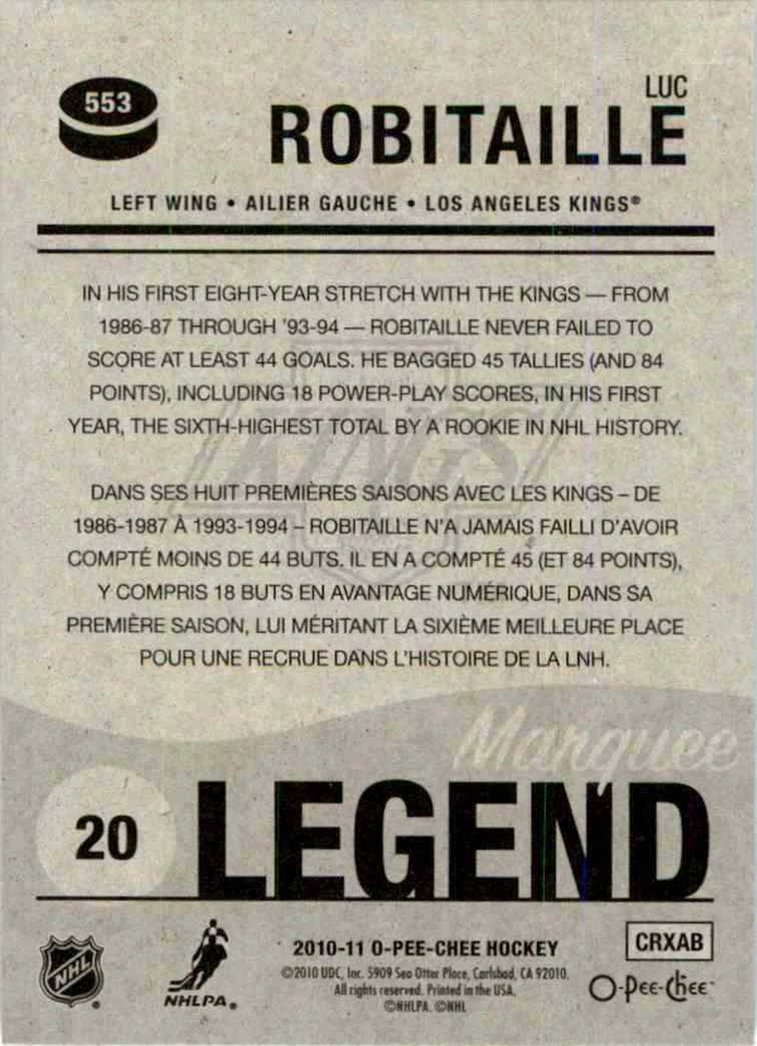 2010-11 O-Pee-Chee Retro Luc Robitaille #553 - Image 2 of 2