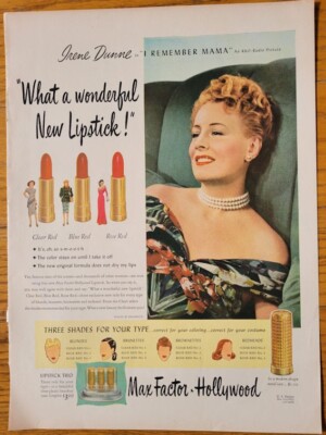 1947 Max Factor * Hollywood Lipstick Magazine Advertisement-Actress Irene Dunne