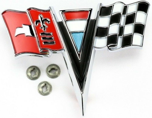 US MADE 1963-1964 Corvette Nose Front Cross Flags Emblem Badge + Hardware C2 - Picture 2 of 7