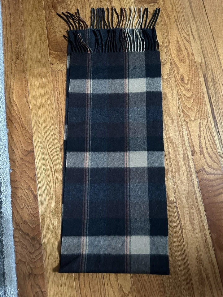 "Bufanda 100 % cachemir a cuadros CLUB ROOM para hombre marrón beige negro flecos 65x12""" Foto 2 de 4