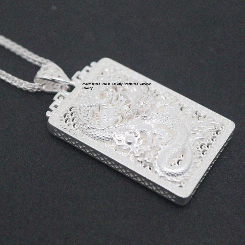 Pure S999 Fine Silver 999 Men Women Square Dragon Pendant 42*22mm