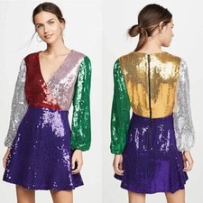 NWT Alice + Olivia Long Sleeve V-Neck Blaze Colorblock Sequin Mini Dress