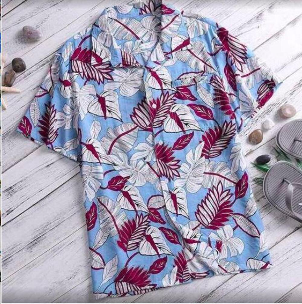 Light Blue Floral Hawaiian Men's Short Sleeve Hemp Blend Cardigan Stylish Fit