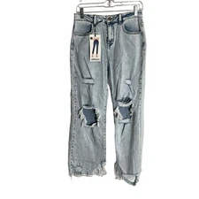 Encore Juniors High Rise Destroyed Straight Leg Jeans Size 9 Light Wash Stretch