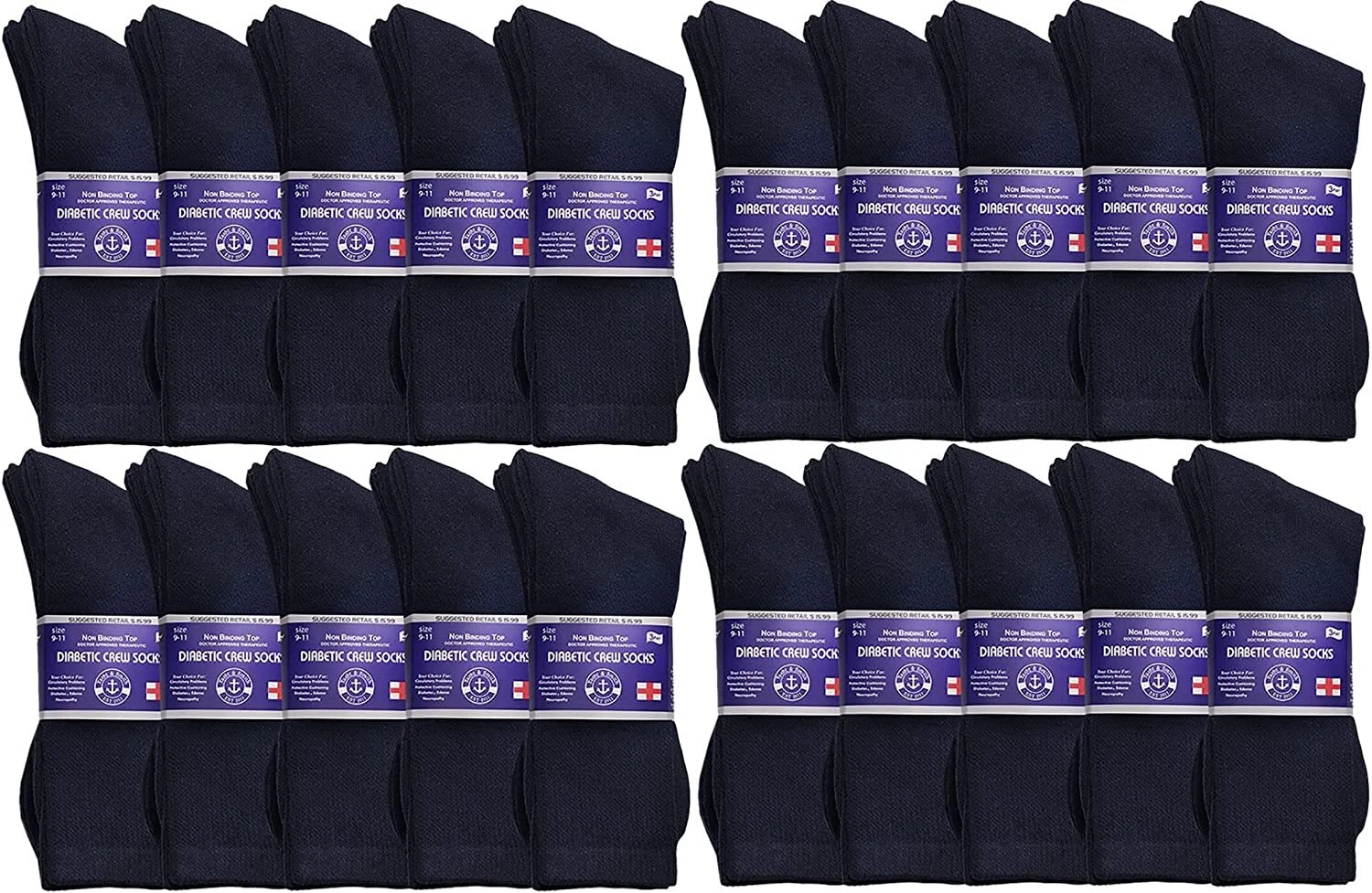 48 PK of Mens Loose Fit Non-Binding Soft Cotton Diabetic Ankle Socks,10-13 Black
