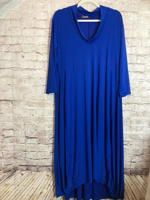 #ad Sympli Lagenlook Dress 14 Cobalt Midi Made In Canada Ultra Stretchy Cowl Neck $89.99