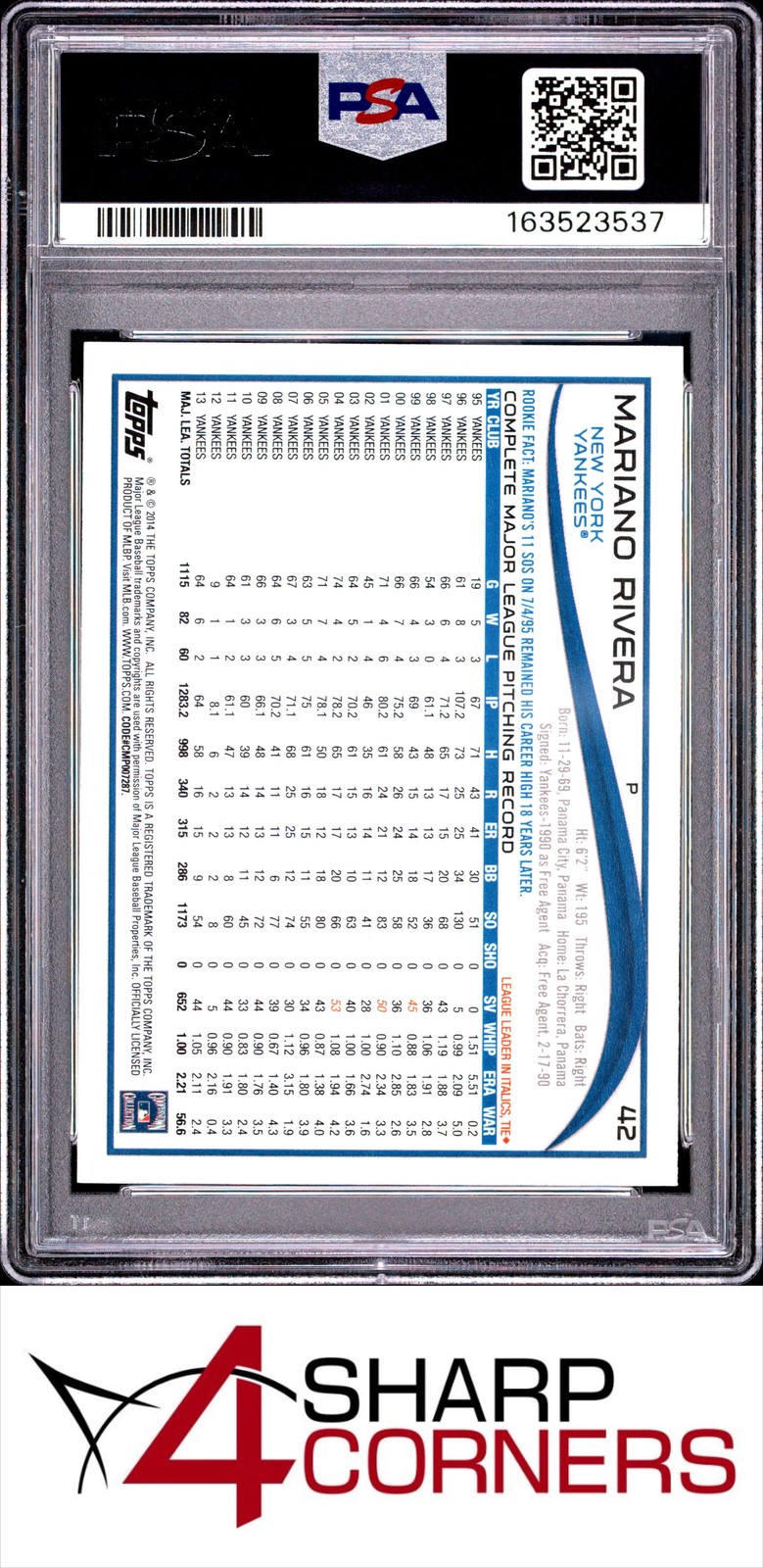 2014 TOPPS #42 MARIANO RIVERA HOF NO SPARKLE ON SHOULDER PSA 10 view 2