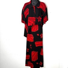 VTG 90s Women L Boho Dark Cottage Red Black Floral Print Top Maxi Skirt Set