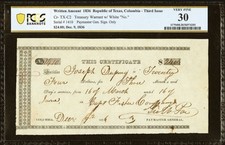 Republic of Texas 1836 Columbia TX $24 Treasury Warrant Government Banknote PCGS