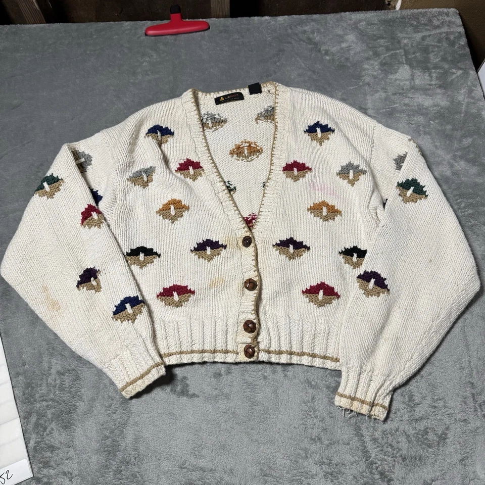 Cárdigan Suéter Mujer De Colección Liz Sport Tejido a Mano Marfil Champiñón Defectos Medianos Foto 2 de 4