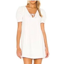 Line & Dot Mini Dress Womens Small White Puff Sleeve Babydoll Tie Front Revolve