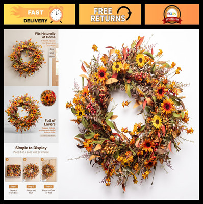 24'' Artificial Fall Wreath - Large Autumn Decor with Daisies, Berries & Foliage