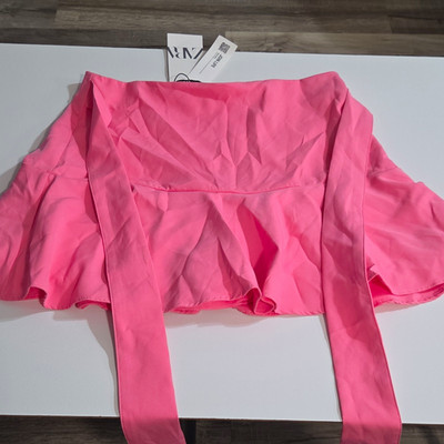 Zara Pink Chiffon Cropped Blouse Ruffle V-Neck Zip Long Sleeve Size L