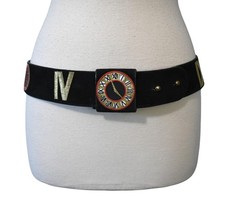 Vintage 90s Belt Novelty Embroidered Clock Watch Roman Numbers Faux Black Suede